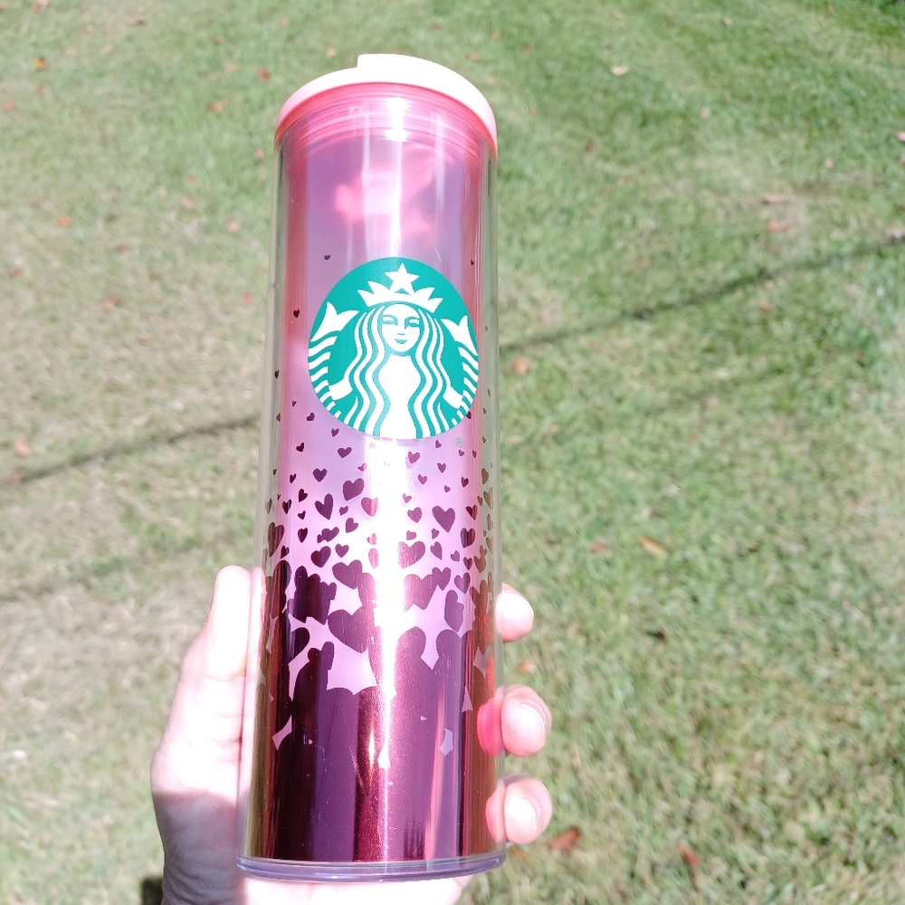 New Starbucks 2022 Pink With Red Foil Hearts 16 oz Tumbler Cup